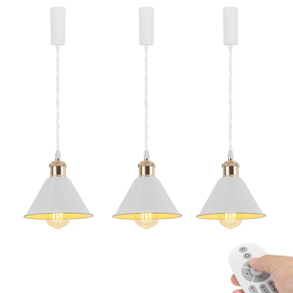 KAYYELAMP Set of Three J-Type Track Light Adjustable Cord Dimming Timing Pendant White Metal Shade French Gold E26 Base Vintage Design for Kitchen Bar Loft(No Track)