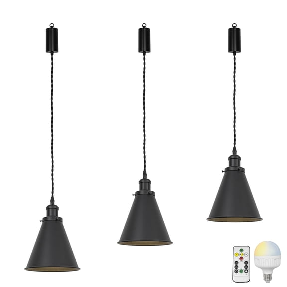 KAYYELAMP Set Three Rechargeable Battery RGB Dimmable Bulb Remote Remote Adjusted Cord Retro Black Cone Shade Pendant Light for Island Kitchen Dining Table Loft