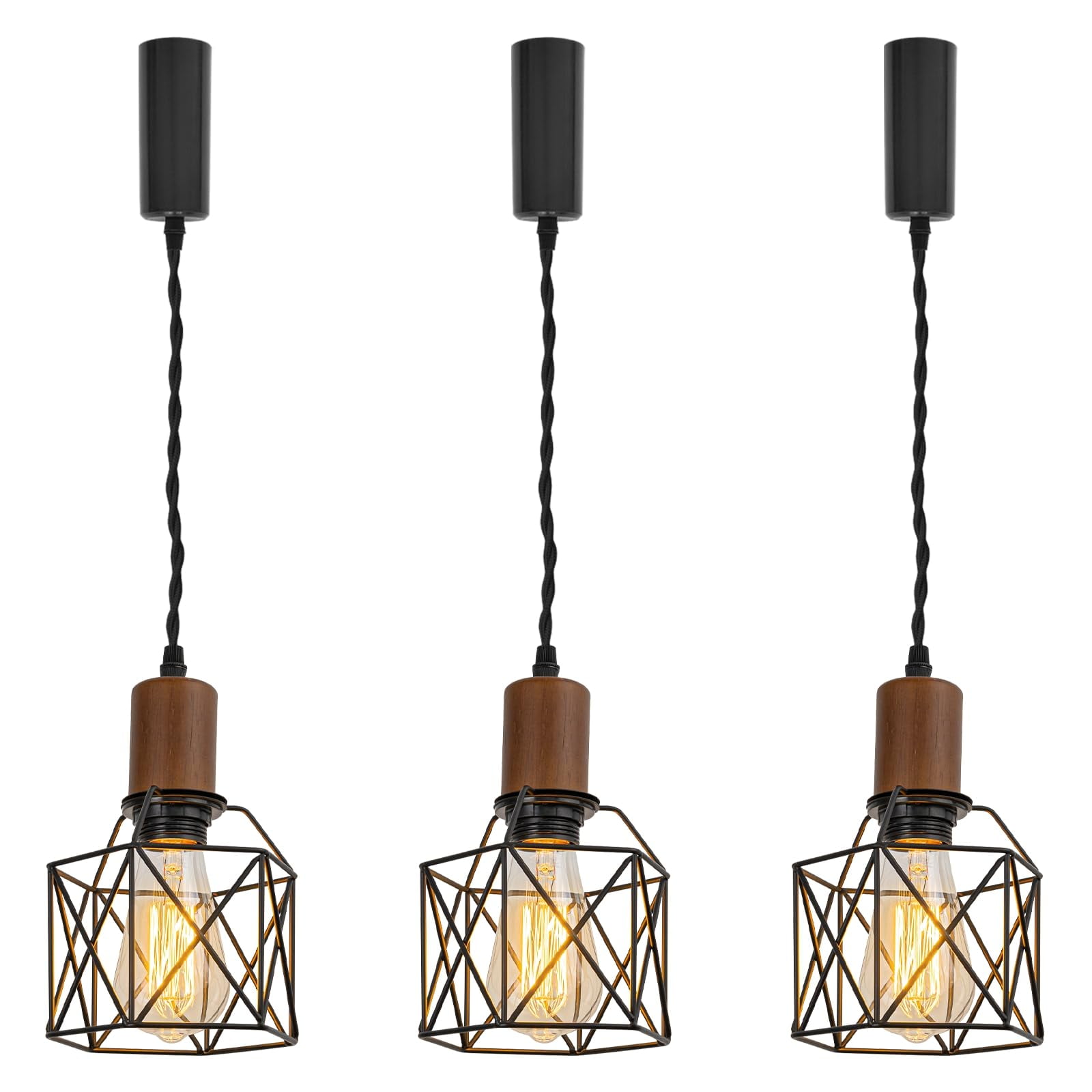 KAYYELAMP Set of Three Retro Design Track Lighting Fixture Walnut E26 Base Black Metal Hollow Cage Shade 3.2Ft Adjusted Cord J-Type Track Lamp for Kitchen Bar Counter(No Bulb, Track)