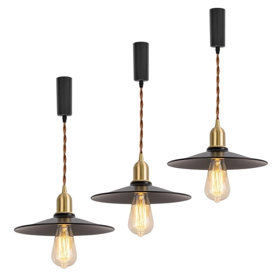 KAYYELAMP Set Three Track Light E26 Brass Base Dia 10.2" Black Shade Retro Design 3.2 Ft Adjusted Cord H-Type Track Hanging Light for Farmhouse Kitchen Sink Home(No Bulb, Track)
