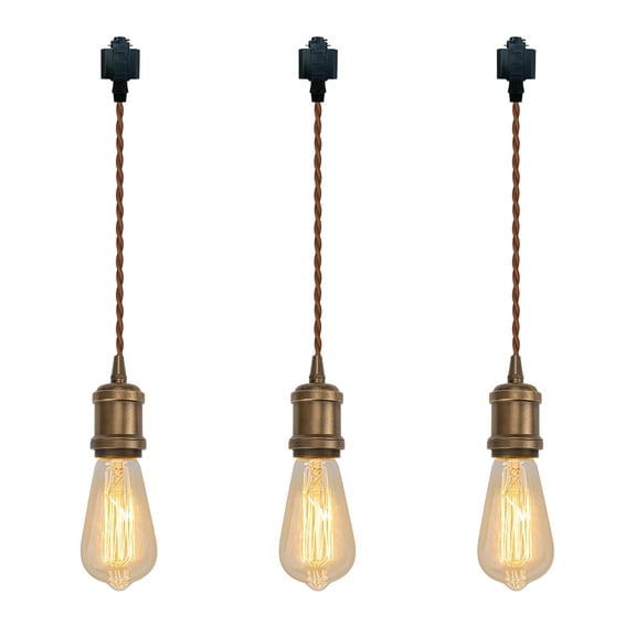 KAYYELAMP Set of Three Vintage Design Copper Base H-Type Track Pendant Light E26 Base 23.6 Inches Brown Twisted Cord Tracking Lamp for Kitchen Loft Cafe Home Office(No Bulb, Track)