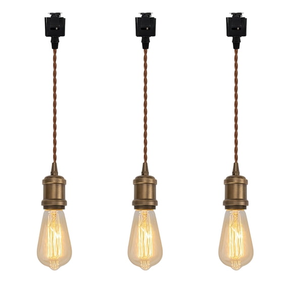 KAYYELAMP Set of Three Vintage Design Copper Base J-Type Track Pendant Light E26 Base 23.6 Inches Brown Twisted Cord Tracking Lamp for Kitchen Loft Cafe Home Office(No Bulb, Track)