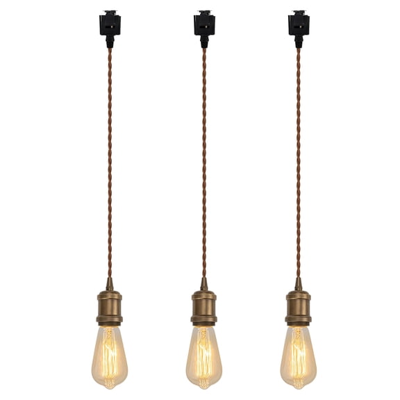 KAYYELAMP Set of Three Vintage Design Copper Base J-Type Track Pendant Light E26 Base 47.2 Inches Brown Twisted Cord Tracking Lamp for Kitchen Loft Cafe Home Office(No Bulb, Track)