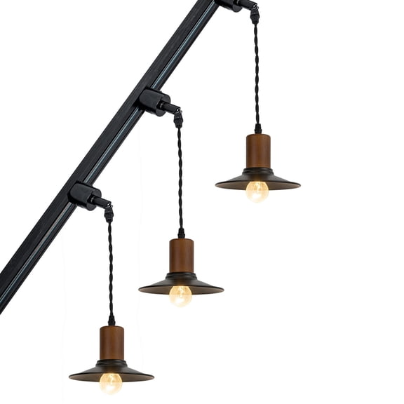 KAYYELAMP Set Three Vintage Design Track Lighting Fixture for Inclined Position Roof Walnut E26 Base Black Metal Shade 3.2Ft Cord H-Type Track Lamp(No Bulb, Track)