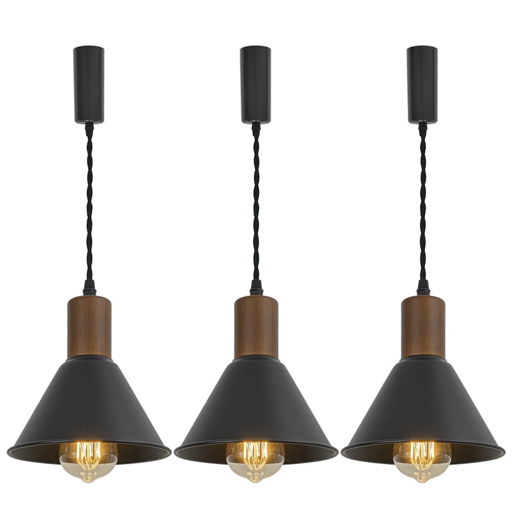 KAYYELAMP Set of Three Vintage Design Track Lighting Fixture Walnut E26 Base Black Metal Shade 3.2Ft Adjusted Cord H-Type Track Lamp for Dining Table Kitchen Bar DZ18x10(No Bulb, Track)