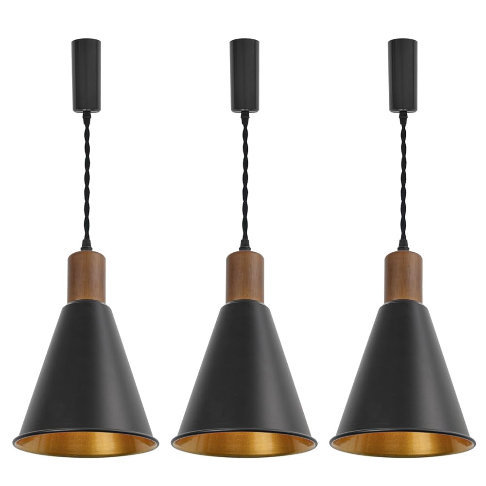 KAYYELAMP Set of Three Vintage Design Track Lighting Fixture Walnut E26 Base Outer Black Inner Gold Metal Cone Shade 3.2Ft Adjusted Cord H-Type Track Lamp for Kitchen Bar(No Bulb, Track)