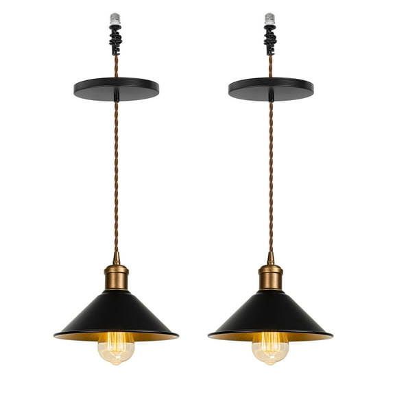KAYYELAMP Set of Two Black Metal Shade Inner Gold Hanging Light E26 Copper Base Adjustable Height Droplight Vintage Design Pendant Light for Kitchen Island Home