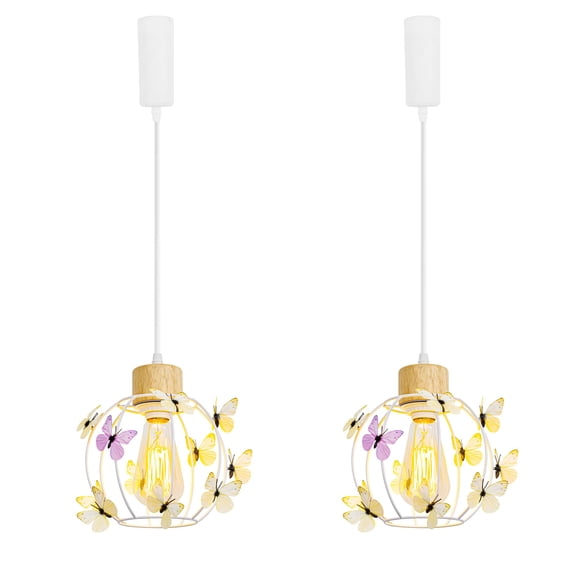 KAYYELAMP Set Two J-Type Track E26 Wood Base White Hollow Shade with 3D Butterflies 3.2 Ft Adjusted Cord Track Pendant Light for Home Kitchen Sink Farmhouse(No Bulb, Track)