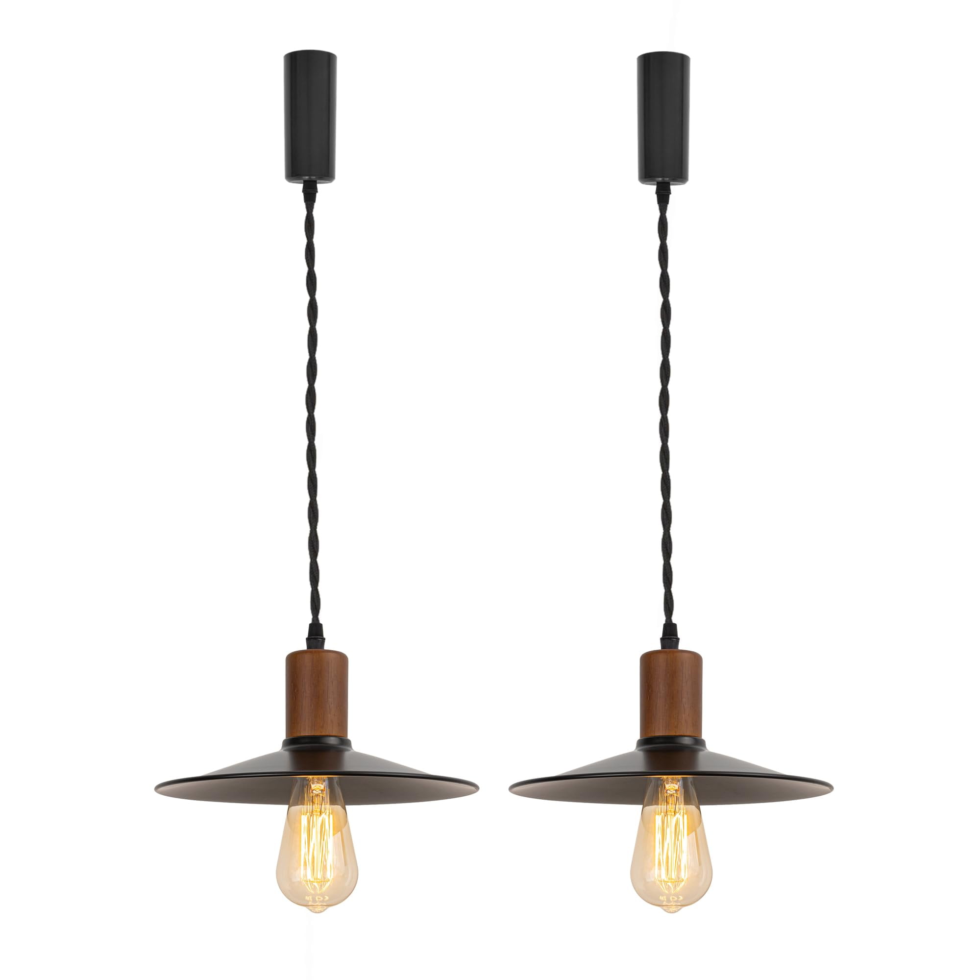 KAYYELAMP Set of Two Retro Design Track Lighting Fixture Walnut E26 Base Black Metal Dia 10.2" Shade 3.2Ft Adjusted Cord H-Type Track Lamp for Kitchen Bar Counter(No Bulb, Track)
