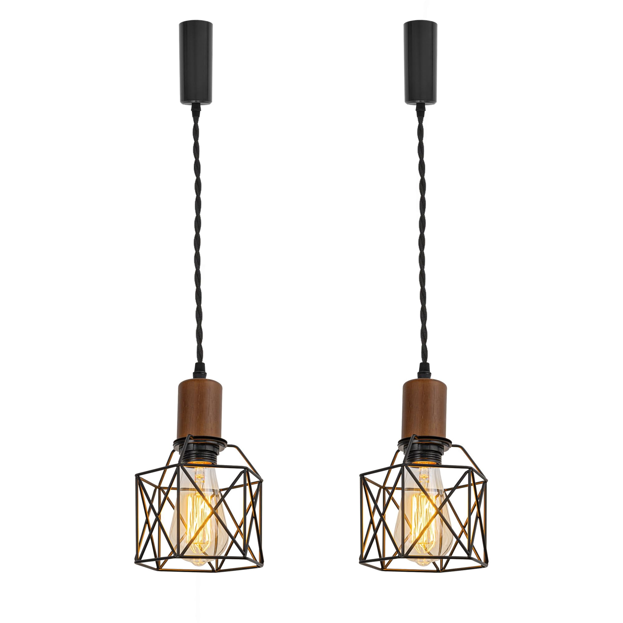 KAYYELAMP Set of Two Retro Design Track Lighting Fixture Walnut E26 Base Black Metal Hollow Cage Shade 3.2Ft Adjusted Cord J-Type Track Lamp for Kitchen Bar Counter(No Bulb, Track)