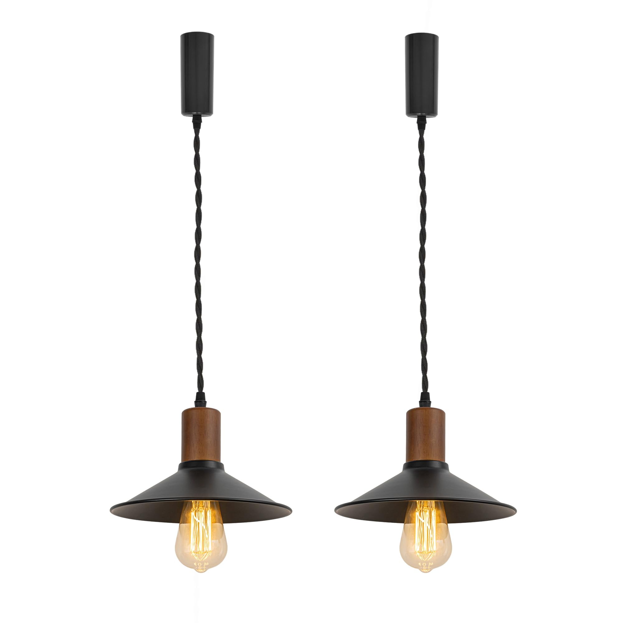 KAYYELAMP Set of Two Retro Design Track Lighting Fixture Walnut E26 Base Black Metal Shade 3.2Ft Adjusted Cord H-Type Track Lamp for Kitchen Bar Counter(No Bulb, Track)