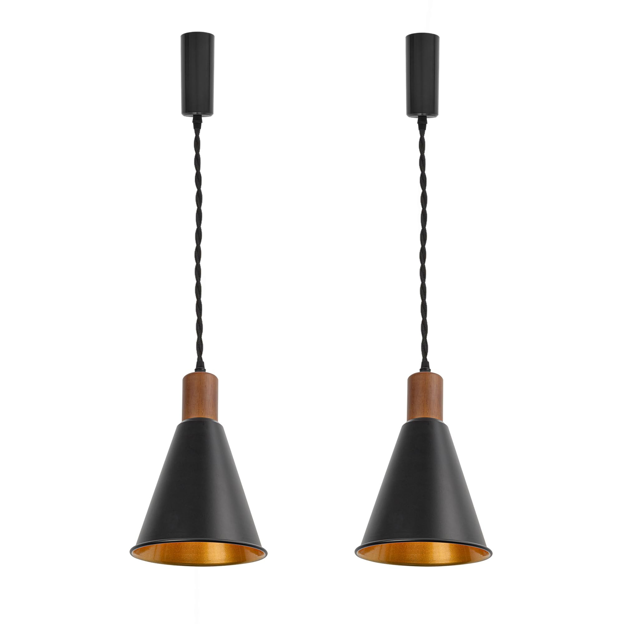 KAYYELAMP Set of Two Vintage Design Track Lighting Fixture Walnut E26 Base Outer Black Inner Gold Metal Cone Shade 3.2Ft Adjusted Cord J-Type Track Lamp for Kitchen Bar(No Bulb, Track)