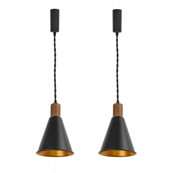 KAYYELAMP Set of Two Vintage Design Track Lighting Fixture Walnut E26 Base Outer Black Inner Gold Metal Cone Shade 3.2Ft Adjusted Cord J-Type Track Lamp for Kitchen Bar(No Bulb, Track)