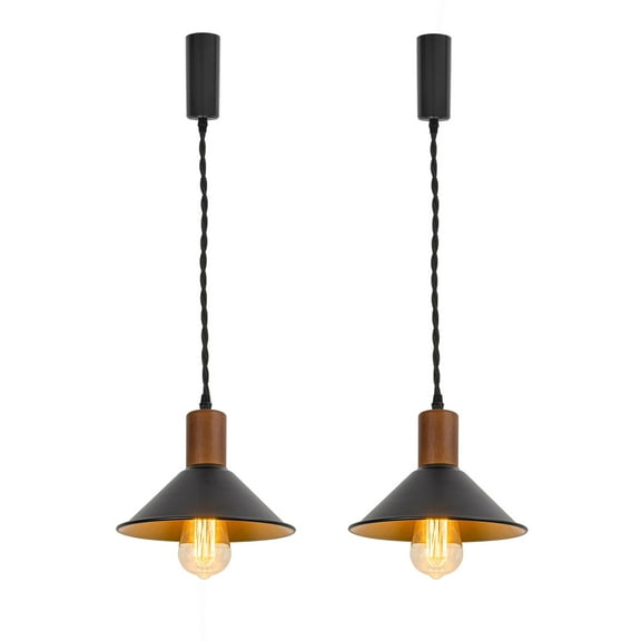 KAYYELAMP Set of Two Vintage Design Track Lighting Fixture Walnut E26 Base Outer Black Inner Gold Metal Shade 3.2Ft Adjusted Cord H-Type Track Lamp for Kitchen Bar(No Bulb, Track)