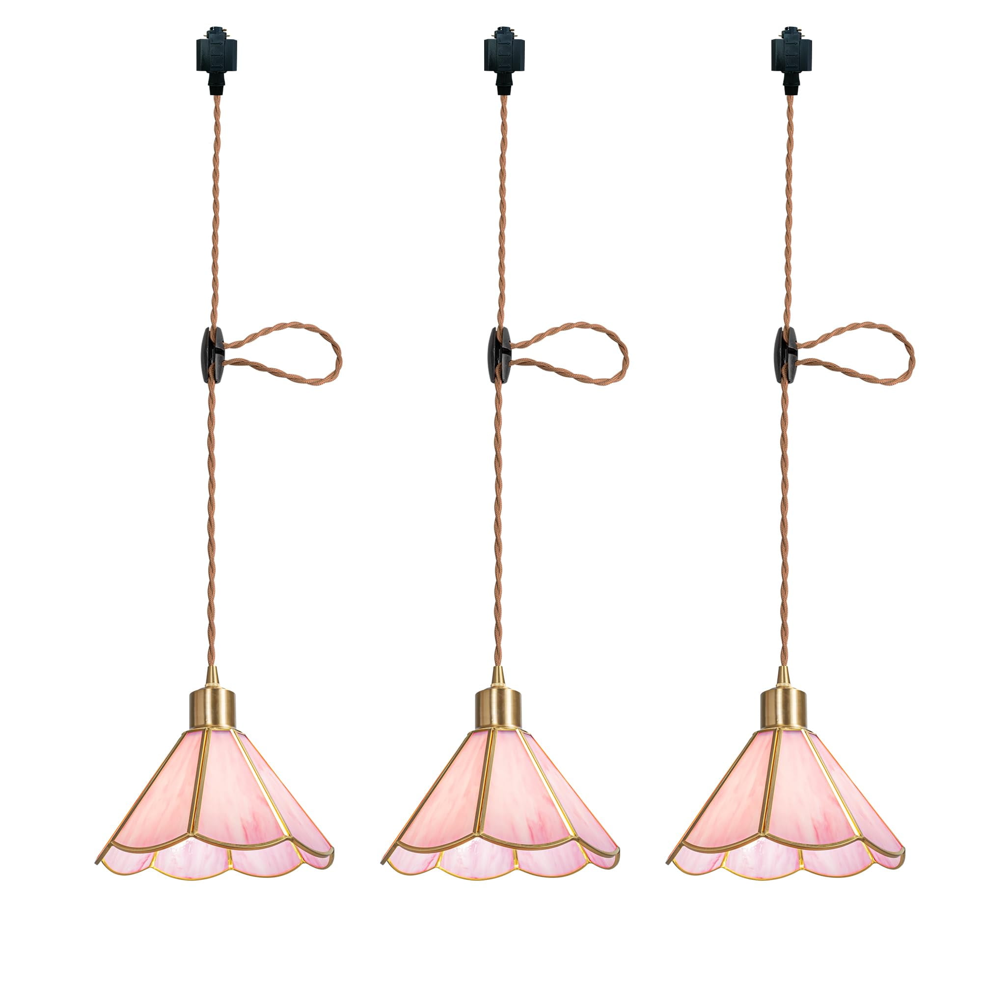 KAYYELAMP Set of 3 H-Type Pink Glass Track Lighting E26 Brass Base Cord Adjustable Vintage Design 3.9 Feet for Kitchen Restaurant(No Bulb, Track)