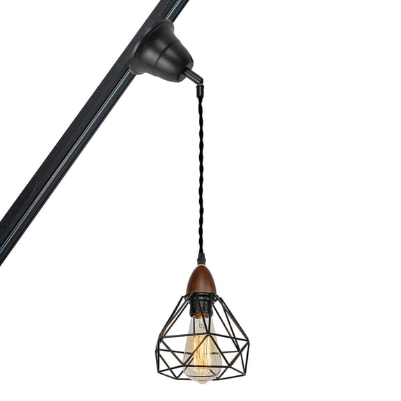 KAYYELAMP Slope Position Roof Track Light H-Type E26 Walnut Base Black Cage Metal Shade Adjusted Cord Retro Pendant Lighting for Kitchen Bar Dining Room (No Bulb, Track)
