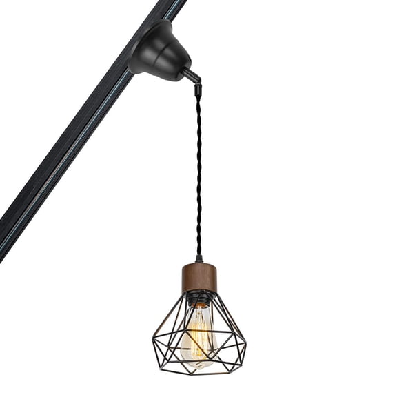 KAYYELAMP Slope Position Roof Track Light H-Type E26 Walnut Base Black Cage Metal Shade Adjusted Cord Vintage Pendant Lighting for Kitchen Bar Dining Room (No Bulb, Track)