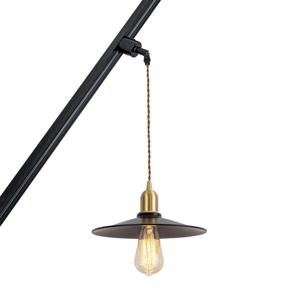 KAYYELAMP Slope Position Roof Track Light J-Type E26 Brass Base Dia 10.2" Black Shade 3.2 Ft Cord Retro Pendant Lighting for Kitchen Bar Dining Room(No Bulb, Track)