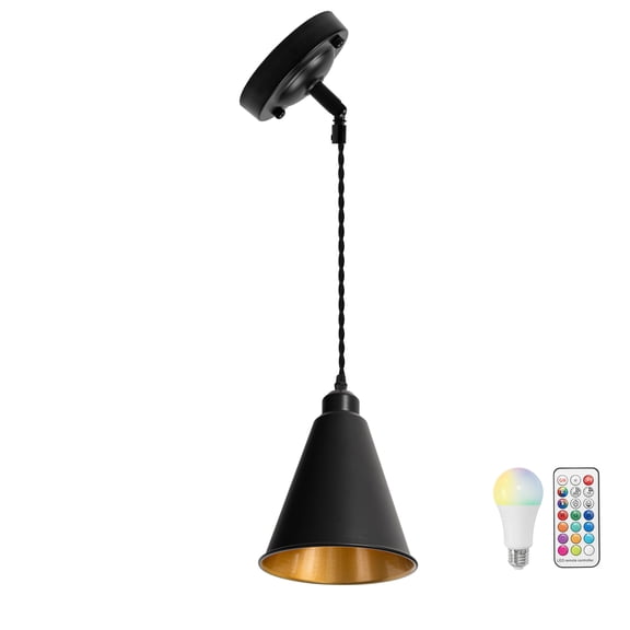 KAYYELAMP Sloped Position 3.2 Ft Adjusted Brown Cord Ceiling Light Fixture E26 Base Inner Gold Cone Shade Black Vintage Remote Dimmable Hanging Lamp for Inclined Roof
