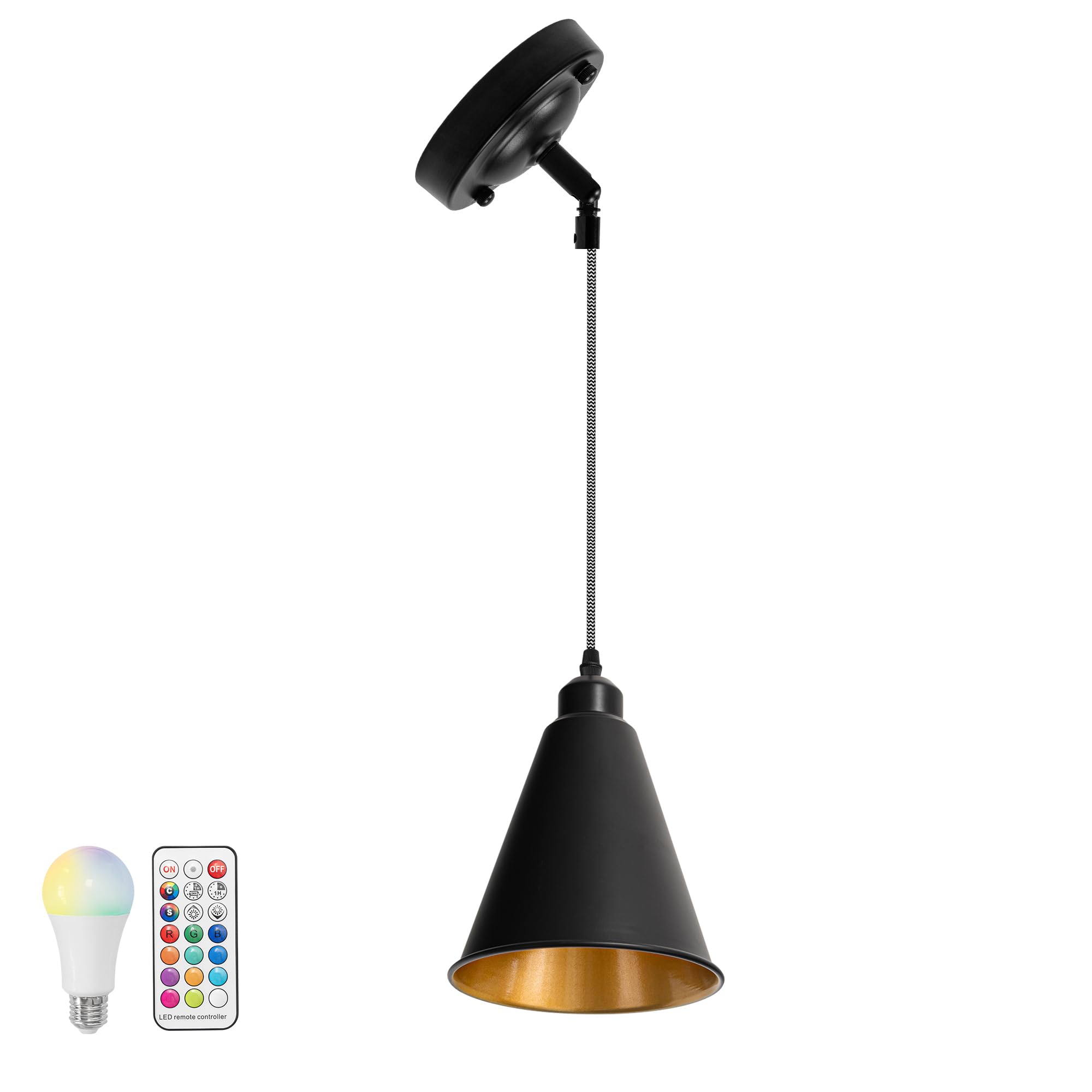 KAYYELAMP Sloped Position 3.2 Ft Adjusted Cord Ceiling Light Fixture E26 Base Inner Gold Cone Shade Black Vintage Remote Dimmable Hanging Lamp for Inclined Roof