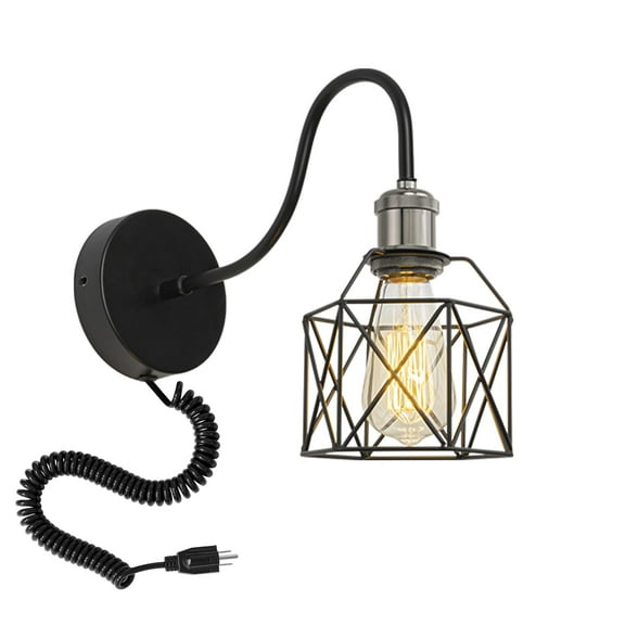 KAYYELAMP Spiral Retractable Plug in Cord Gooseneck Metal Wall Sconce Pearl Black Base Cage Shade Vintage Minimalist 1-Light for Bedside Doorway(No bulb)