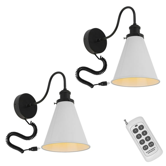 KAYYELAMP Spiral Retractable Plug in Cord Remote Control Gooseneck Black Wall Sconce White Cone Shade Vintage Minimalist 2-Lights for Bedside Doorway Bathroom(No bulb)