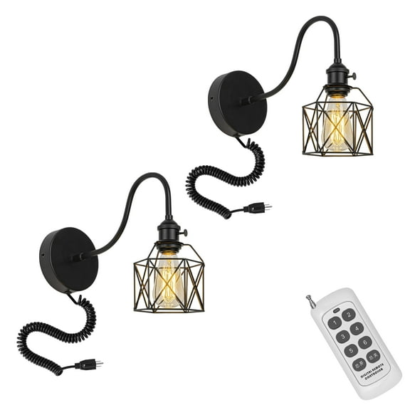 KAYYELAMP Spiral Retractable Plug in Cord Remote Control Gooseneck Metal Wall Sconce Black Base Cage Shade Vintage Minimalist 2-Lights for Bedside Doorway(No bulb)