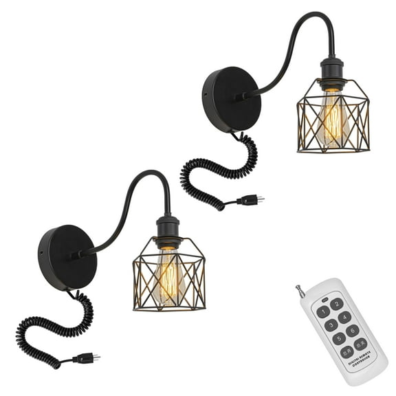 KAYYELAMP Spiral Retractable Plug in Cord Remote Control Gooseneck Metal Wall Sconce Black Base with Cage Shade Vintage Minimalist 2-Lights for Bedside Doorway(No bulb)