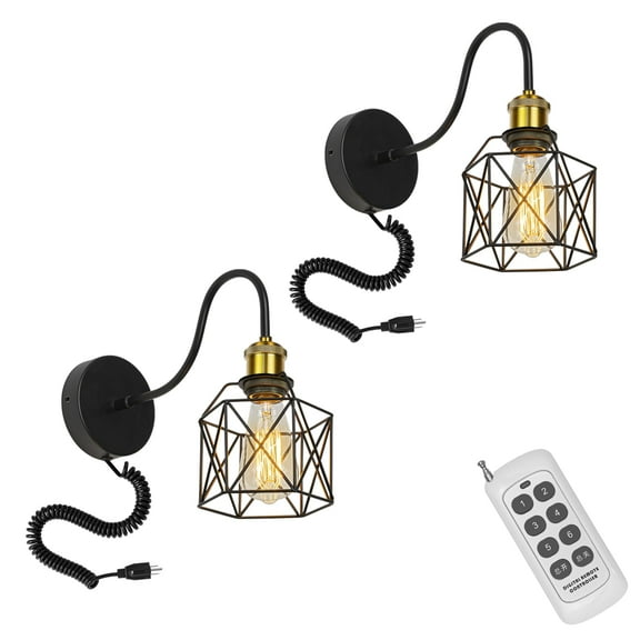 KAYYELAMP Spiral Retractable Plug in Cord Remote Control Gooseneck Metal Wall Sconce Copper Base Cage Shade Vintage Minimalist 2-Lights for Bedside Doorway(No bulb)