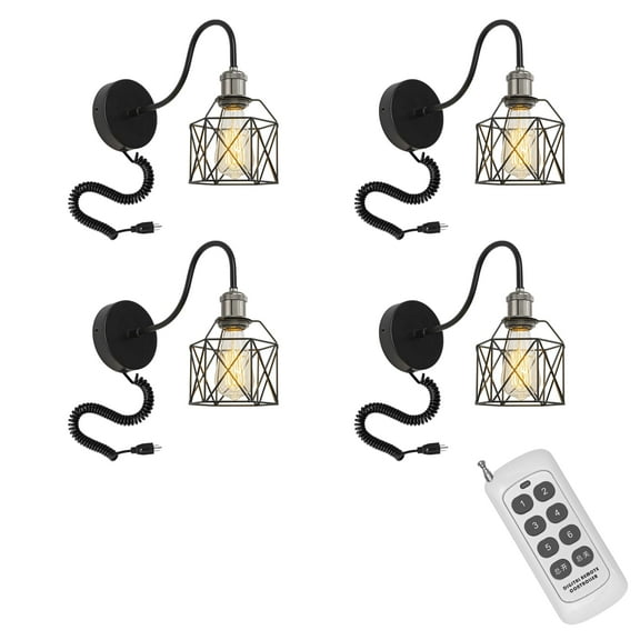 KAYYELAMP Spiral Retractable Plug in Cord Remote Control Gooseneck Metal Wall Sconce Pearl Black Base Cage Shade Vintage Minimalist 4-Lights for Bedside Doorway(No bulb)