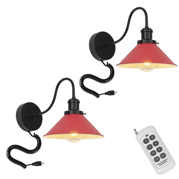 KAYYELAMP Spiral Retractable Plug in Cord Remote Control Gooseneck Metal Wall Sconce Red Shade Vintage Minimalist 2-Lights for Bedside Doorway(No bulb)