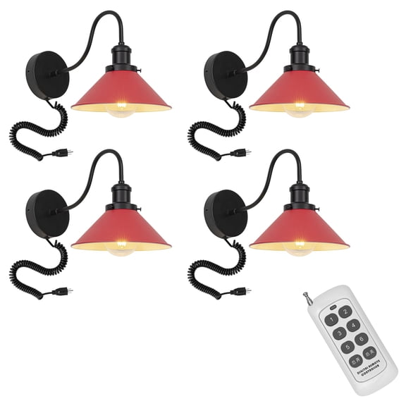 KAYYELAMP Spiral Retractable Plug in Cord Remote Control Gooseneck Metal Wall Sconce Red Shade Vintage Minimalist 4-Lights for Bedside Doorway(No bulb)