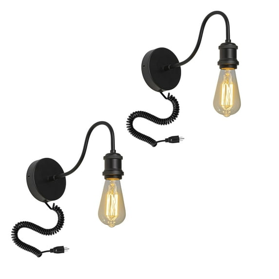 KAYYELAMP Spiral Retractable Plug in Cord Gooseneck Black Wall Sconce E26 Base Vintage Minimalist 2-Lights for Bedside Doorway Stairs(No bulb)