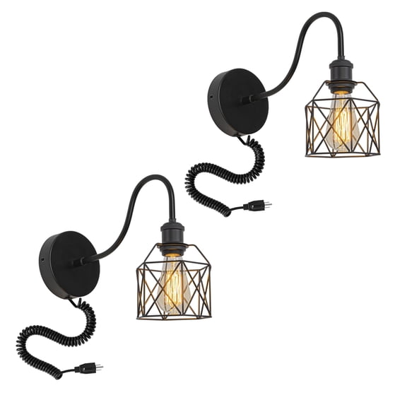 KAYYELAMP Spiral Retractable Plug in Cord Gooseneck Metal Wall Sconce Black Base Cage Shade Vintage Minimalist 2-Lights for Bedside Doorway(No bulb)