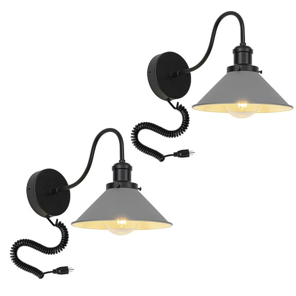 KAYYELAMP Spiral Retractable Plug in Cord Gooseneck Metal Wall Sconce Gray Shade Vintage Minimalist 2-Lights for Bedside Doorway(No bulb)