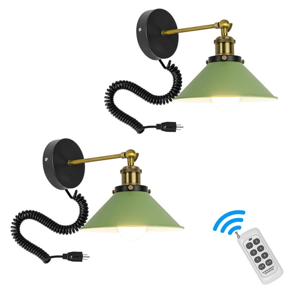 KAYYELAMP Spiral Retractable Plug in Cord Remote Control Wall Sconce Green Shade Vintage Minimalist 2-Lights for Bedside Doorway Bathroom(No bulb)