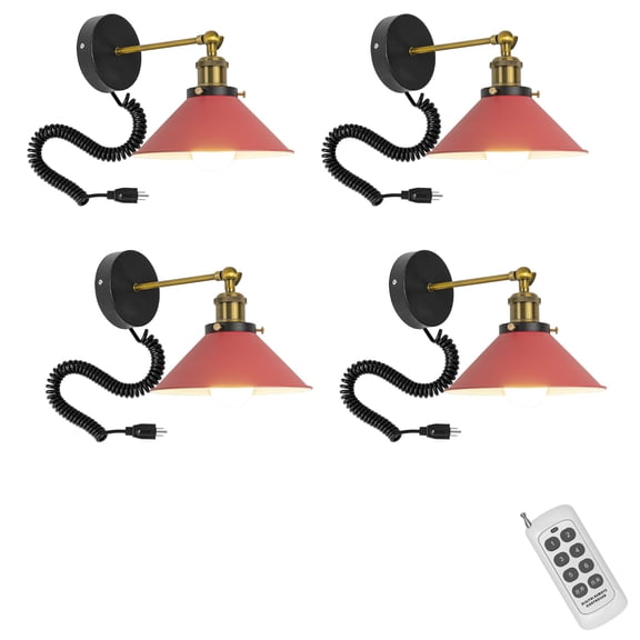 KAYYELAMP Spiral Retractable Plug in Cord Remote Control Wall Sconce Red Shade Vintage Minimalist 4-Lights for Bedside Doorway Bathroom(No bulb)