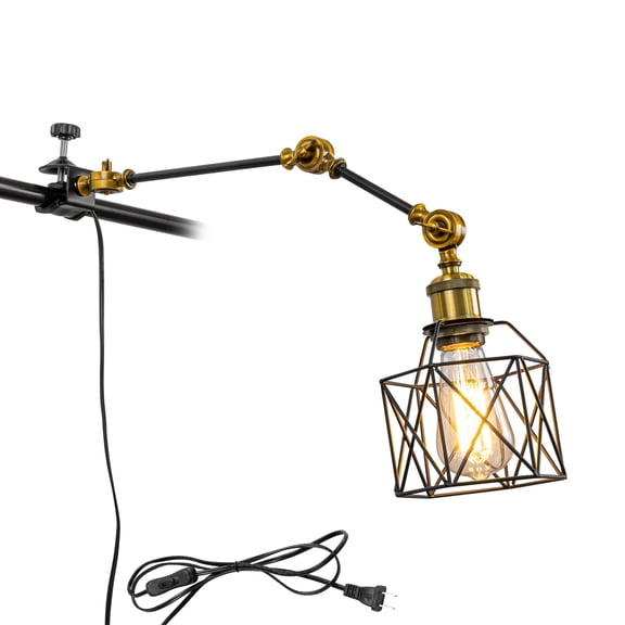 KAYYELAMP Telescopic Adjustable Arm Horizontal Fittings Bracket Lighting Hollow Cage 9.8Feet Cable No Wiring Required Vintage Design Clip Lamp for Iron Pipe Wooden Board
