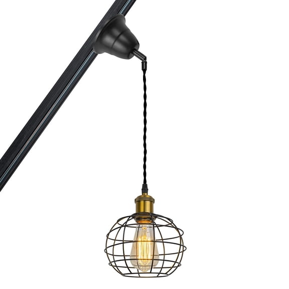 KAYYELAMP Tilt Position Track Light J-Type Black Metal Cage Adjusted Cord Track Mount Retro Pendant Light for Inclined Position Roof Room(No Bulb, Track)