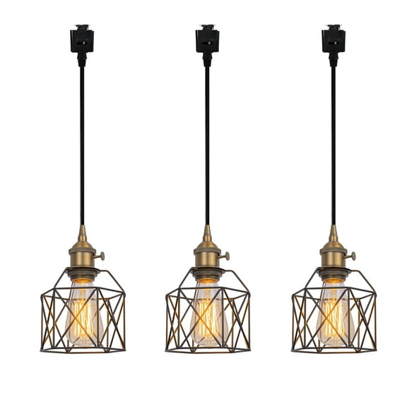 KAYYELAMP Total Length 24 Inches J-Type Track Light Vintage Design E26 Brown Bronze Base Black Cage Set Three Drop Light for Kitchen Sink Loft Stairways Loft(No Bulb, Track)