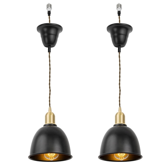 KAYYELAMP Two Hanging Light Vintage Design Brass Base Black Metal Shade E26 Connection Pendant Lamp Replacement Downlight for Kitchen Dining Table Loft(No Bulb)