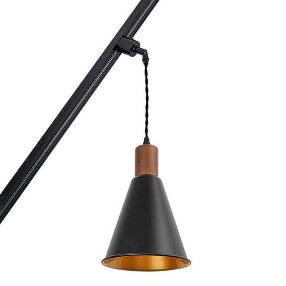 KAYYELAMP Vintage Design Track Lighting Fixture for Inclined Position Roof Walnut E26 Base Outer Black Inner Gold Metal Cone Shade 3.2Ft Cord J-Type Track Lamp(No Bulb, Track)