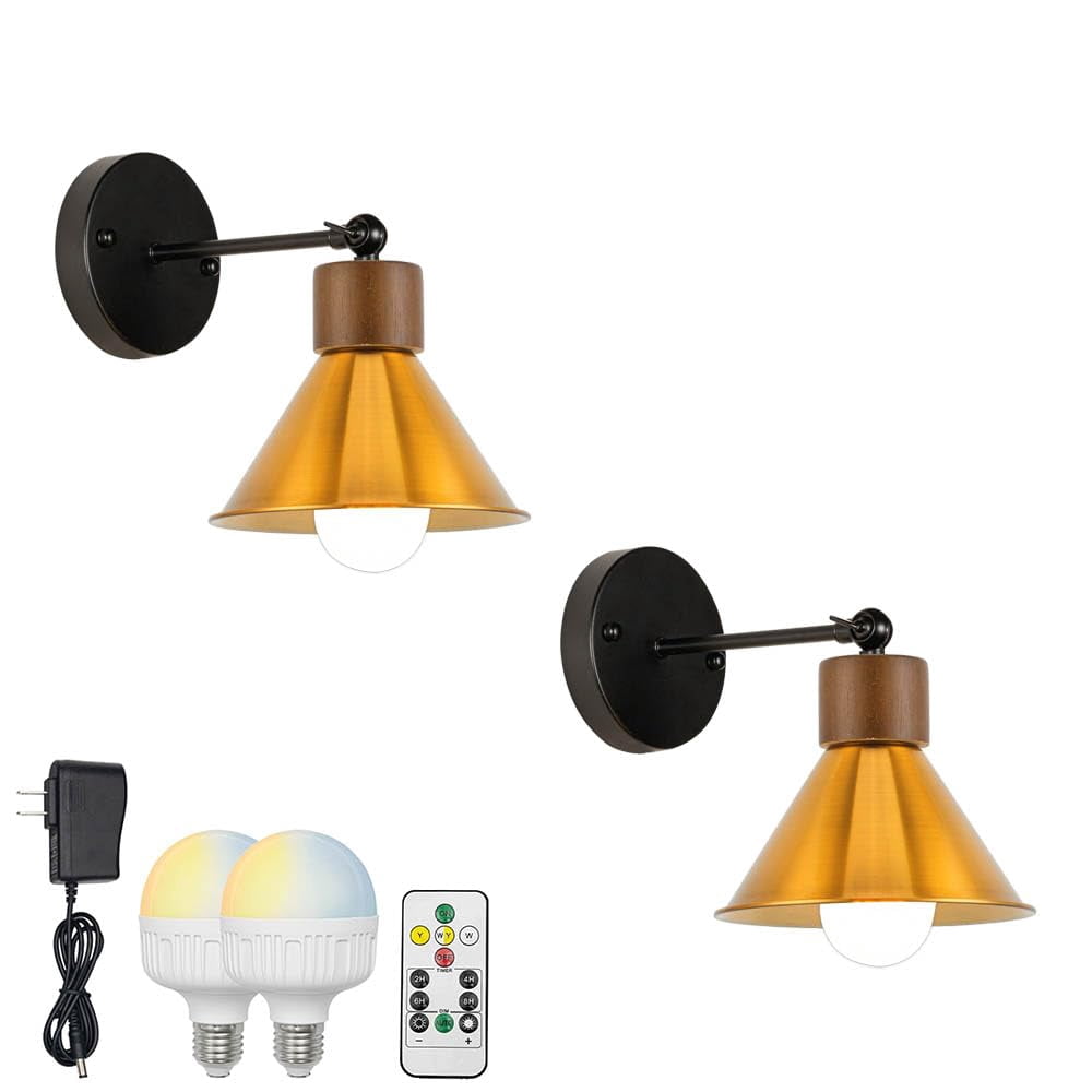 KAYYELAMP Vintage Wall Sconce Battery Run Remote Dimmable Lighting Walnut Base Gold Metal Shade Industrial Style for Dorm Stairways Laundry Room 2-Pack