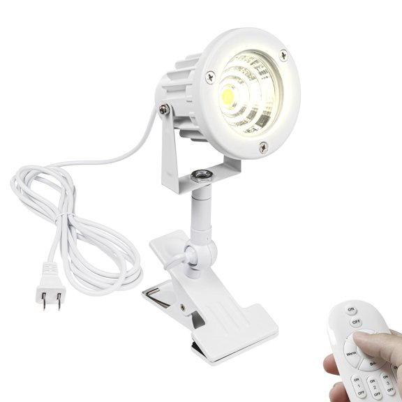 KAYYELAMP White Metal 7W Spot Light Remote Control Clip Mount Rotation Adjustment Angle Dimmable Waterproof Clamp Accent Lighting 9.8 Feet Plug Cord Modern Design for Background Rental House