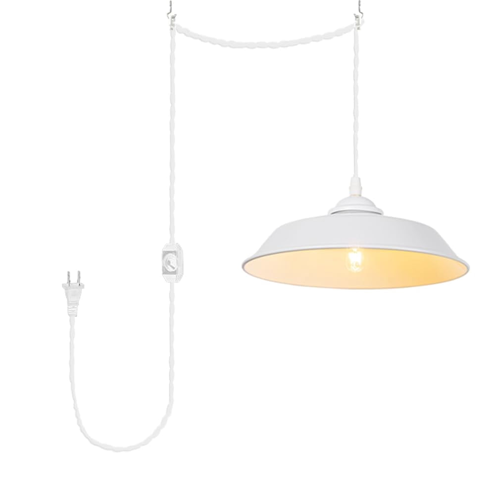 KAYYELAMP White Metal Lampshade E26 Base Minimalist Style Pendant Light Fixture 15 Feet Plug in Dimmer Cord Hanging Lamp for Kitchen Loft Dining Room(No Bulb)