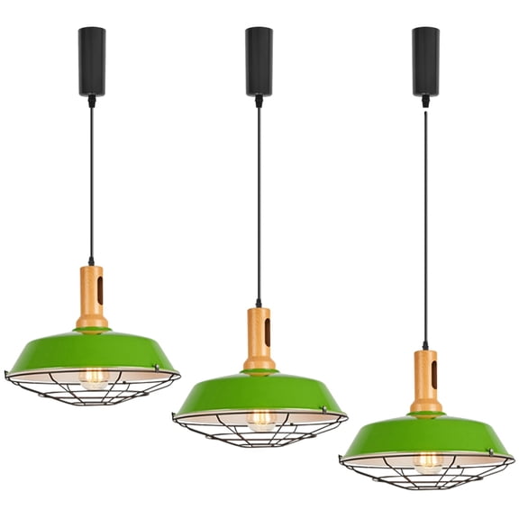 KAYYELMP Set of Three H-Type Track Light 3.2Ft Adjusted Cord Wood Base Green Metal Shade Black Cage Vintage Design Track Lamp for Dining Table Kitchen Home(No Bulb, Track)