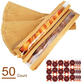 KAZETEC 50-Count Disposable French Bread Bags with Window | Includes 60 Labels | 23.6x3.9x2 Inches | Brown Paper Baguette Bags
