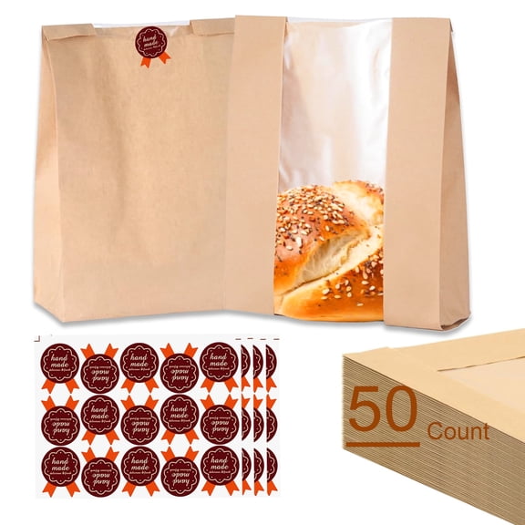 KAZETEC 50-count bread bag set, transparent front window design for bakery packaging, dimensions 13.8 x 8.3 x 3.8 inches, baking bread bags for storing cookies and snacks, includes 60 label stickers