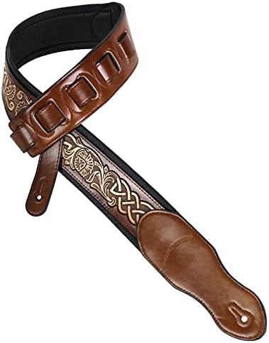 KB-05-TAN Soft Brown Tan Full Grain Center Block Carving Leather Padded Guitar Strap With Aged White Celtic Chain For Acoustic, Electric, And Bass Guitars