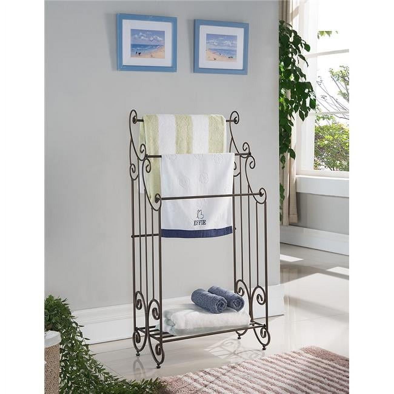 Antique Bronze Freestanding Towel Rack with Storage Shelf